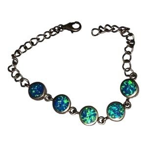 925 Sterling Silver Lab Created 5 Stone Opal Bracelet Size 8”
